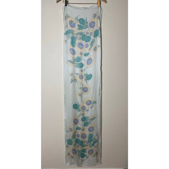 SALVATORE FERRAGAMO Vintage Silk Sunflower Print Pale Blue Long Length Scarf - Picture 6 of 7